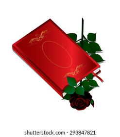 white background and red book with dark rose inside