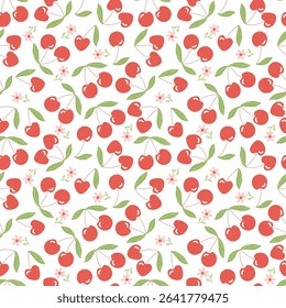 White background with red cherry and green leaf seamless pattern. Sweet fruit berry for food packaging and fabric design.