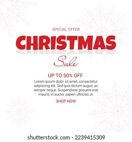 White background and red Christmas inscription sale up to 50% off with snowflakes