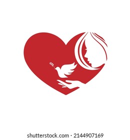 White background with red color heart shape and woman silhouette. Peace background. Girl  with hand hold flying bird