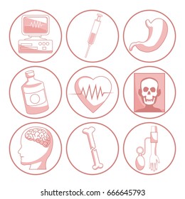 white background with red color sections of silhouette icons health