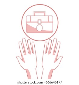 white background with red color sections of silhouette hands holding a floating kit first aid in circular frame