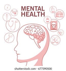 white background with red color sections of silhouette profile human head mental health with elements of healthcare