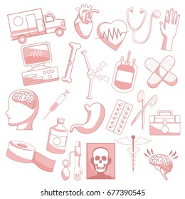 white background with red color sections of silhouette elements health