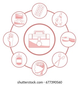 white background with red color sections of silhouette first kit aid connected to circular frames elements health