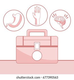 white background with red color sections of silhouette first kit aid and icons health in circular frame