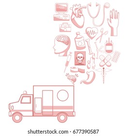 white background with red color sections of silhouette ambulance with elements health