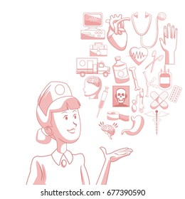 white background with red color sections of silhouette nurse with floating icons health