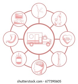 white background with red color sections of silhouette ambulance car connected to circular frames elements health