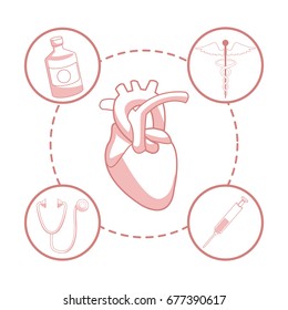 white background with red color sections of silhouette heart organ with circular frame elements health
