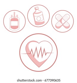 white background with red color sections of silhouette hearbeat and icons health in circular frame