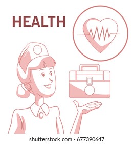 white background with red color sections of silhouette nurse with first kit aid and icon heartbeat