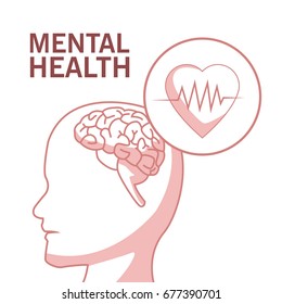 white background with red color sections of silhouette profile human head mental health with circular frame heartbeat