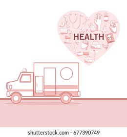 white background with red color sections of silhouette ambulance car and heart shape with elements health