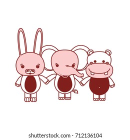 white background with red color silhouette sections of caricature rabbit elephant and hippopotamus cute animals holding hands vector illustration