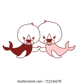 white background with red color silhouette sections of caricature couple cute animal seals aquatic vector illustration