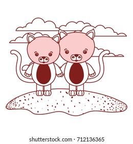 white background with red color silhouette sections of scene couple cute cats animals in grass vector illustration