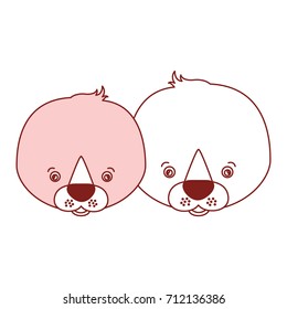 white background with red color silhouette sections of caricature face couple cute animal seals vector illustration