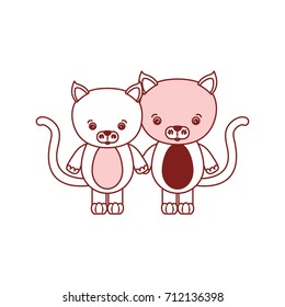 white background with red color silhouette sections of caricature couple cute animal cats vector illustration