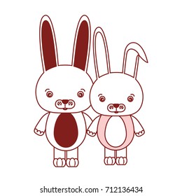 white background with red color silhouette sections of caricature couple cute animal rabbits vector illustration