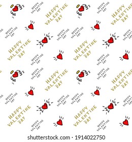 White background with red hearts, white wings, gold halos and lettering. Pattern for wrapping paper. Hand drawn icon and symbol for print, poster, sticker, card design. Doodle design elements. 