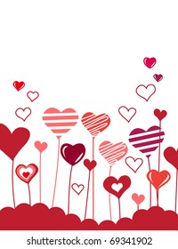 Fondo blanco con corazones rojos y rosados en crecimiento
