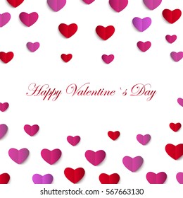 White background with red and pink paper hearts. Vector. Greeting card design for valentines day. Red paper hearts.
