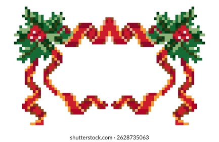 A white background with a red ribbon adorned with green leaves and red berries. The ribbon is wrapped around the background, creating a festive and cheerful atmosphere