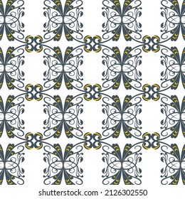 white background with repeated black curl abstract shape