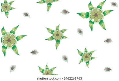 white background with repeated green flower and leaf pattern