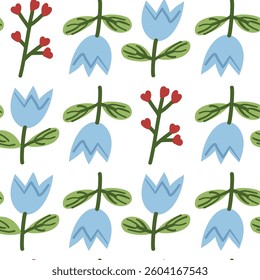 White background with a repeating pattern of blue flowers with green stems and red heart-shaped buds, ideal for romantic floral-themed decor.