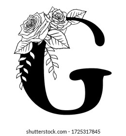 White background retro English letter G vector illustration and rose flower leaf illustration, spring and summer elements, elegant wedding font, blooming flowers, black and white letters