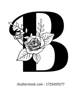 White background retro English letter B vector illustration and rose flower leaf illustration, spring and summer elements, elegant wedding font, blooming flowers, black and white letters