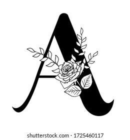 White background retro silhouette English letter A vector illustration and rose flower leaf illustration, spring and summer elements, elegant wedding font, blooming flowers, black and white letters