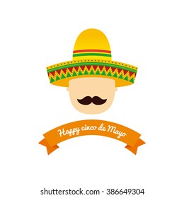 White background with a ribbon and a male icon with hat for cinco de mayo celebrations