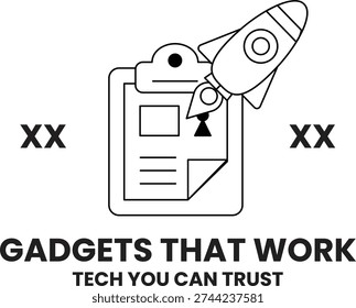 A white background with a rocket and the words 