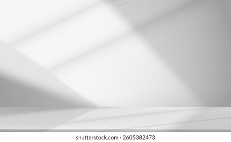 White Background Room 3d Studio with Blur Abstract Shadow Texture on Wall Kitchen,Vector illustration Grey Backdrop for Business Banner,Summer or Spring Sun Light form Window for Mock up Template  