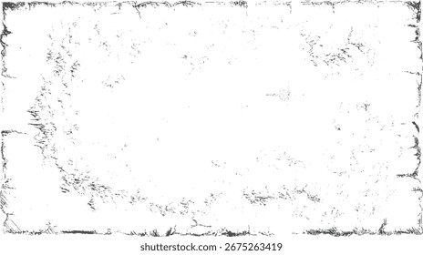 Un fondo blanco con bordes angustiados de color gris oscuro áspero y motas dispersas.