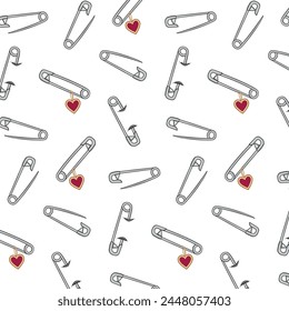 White background with safety pins.Vector seamless pattern with safety pins on a white background.