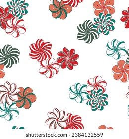 A white background is scattered with clusters of tangle-style flowers in red, green and white looking a bit like Christmas candies creating a vector repeat seamless pattern design.
