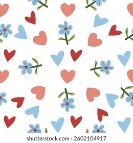 White background with a scattered pattern of blue flowers, green stems, and pink, red, and blue hearts, ideal for romantic decor.
