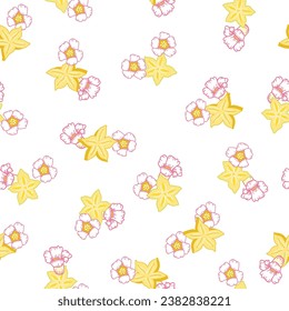 A white background scattered with sliced Carambola, star fruit, and its pink and white flowers creating a seamless vector repeat pattern design.