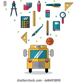 white background with school bus in closeup and colorful smaller icons of elements of school