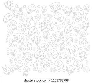 White background with sea animals pattern of octopus, seahorses, stingrays, squid, jellyfish