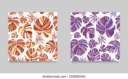 White background seamless pattern with tropical colorful monstera leaves. Exotic floral wallpaper. Jungle plants - Vector.