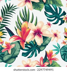 white Background Seamless Pattern of Tropical Floral Hawaiian Palm Leaves and Hibiscus Flowers - Exotic Jungle Wallpaper