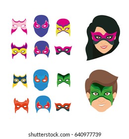 white background set ccollection mask of super hero male and female vector illustration