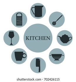 white background with set collection bluew color of circular icons different silhouette elements kitchen inside