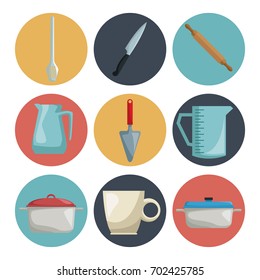 white background with set collection color of icons different elements kitchen