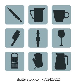 white background with set collection color of square icons different silhouette elements kitchen